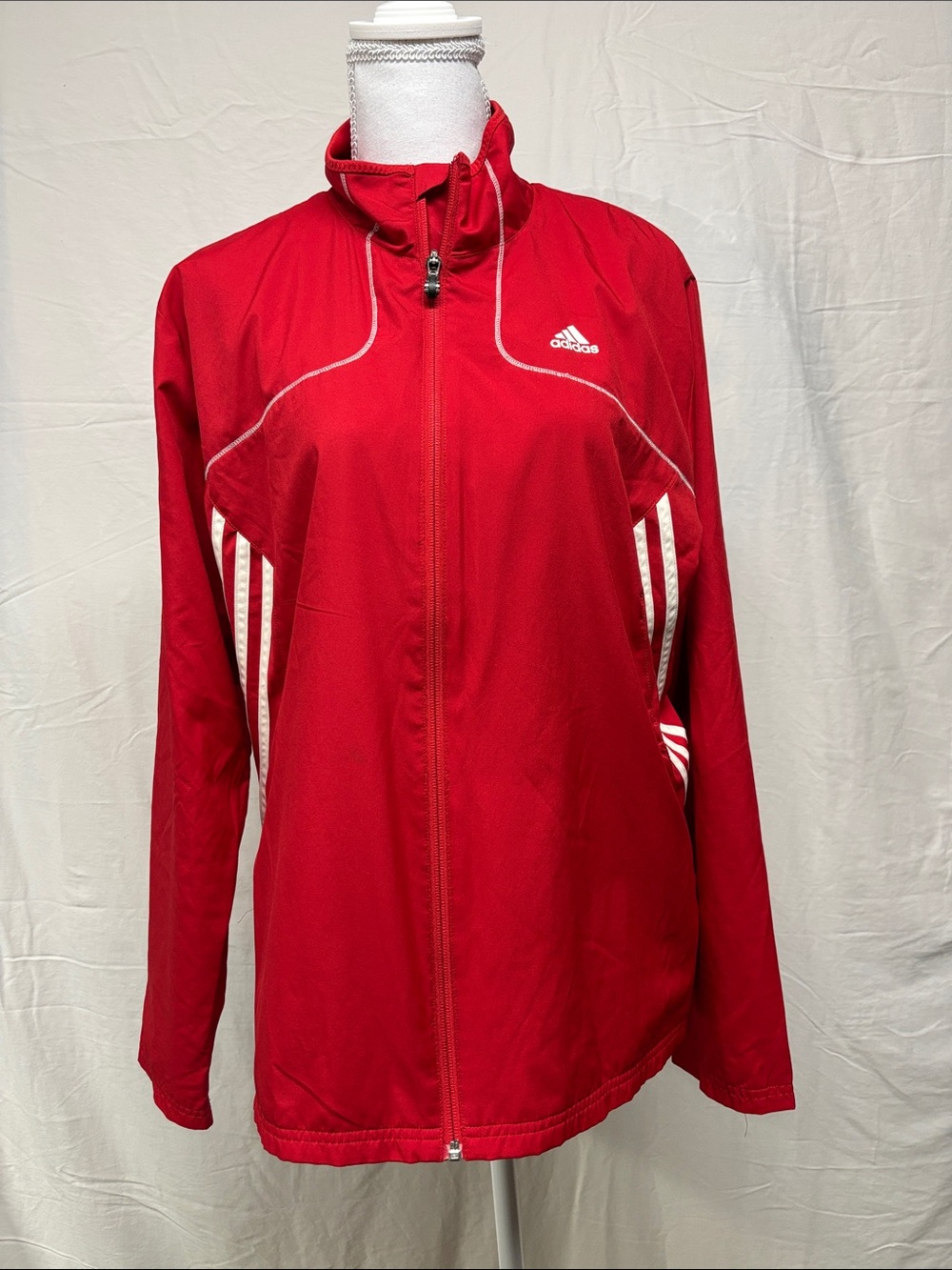 adidas Red Full-Zip Athletic Jacket with White Stripe Accents